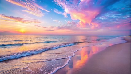 Wall Mural - Soft pink sunset over a serene beach, with pastel hues reflecting on the calm water , beach, sunset, pink, peaceful, tranquil, ocean