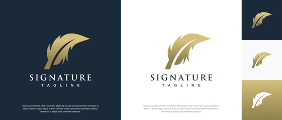 Feather signature logo design vector. Minimalist feather ink logo template.