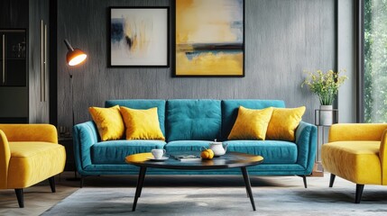 Interior design of modern apartment, turquoise sofa in living room, yellow armchairs, mock up wall, home design