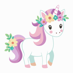 Cartoon unicorn with floral headband vector illustration on a white background, in pastel colors with a cute design for a t-shirt print. Illustration of a pink pony with a long mane and flowers