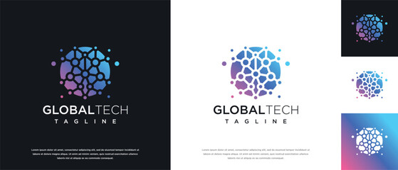Global technology logo design vector concept. Global pixel logo template. Technology logo symbol icon