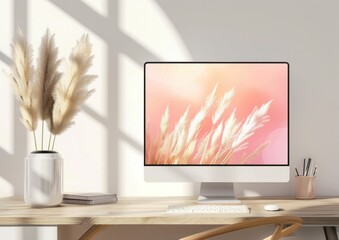 Wall Mural - Desktop scene with modern computer and decorative plants in soft pastel colors, creating a serene workspace atmosphere Natural light enhances the soothing ambiance