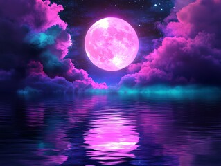 stunning pink moon reflecting on calm water with vibrant clouds and starry sky, creating a dreamlike
