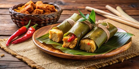 Traditional malay lemang with spicy rendang ayam, a popular dish during festive seasons, lemang, rendang, ayam, malay