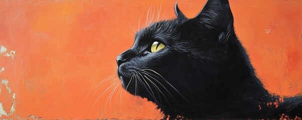 Black cat profile on orange background, artistic concept