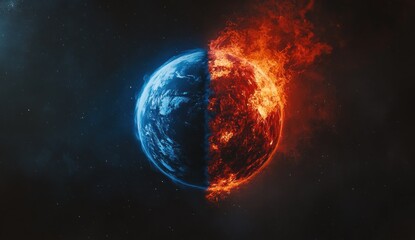 A split image of Earth, half in ice and half in flames.