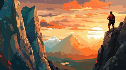 Wall Mural - A lone hiker stands on a cliff overlooking a mountain range at sunset