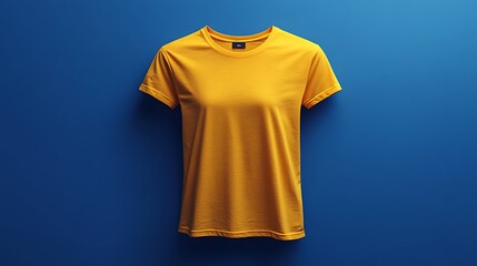 A yellow t-shirt mockup on a blue background, ready for design.