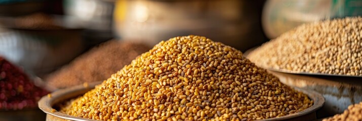 Sticker - Close-Up of Golden Fenugreek Seeds in a Colorful Spice Market