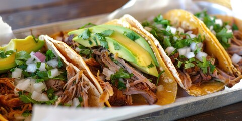 Sticker - Three street tacos filled with pork carnitas, topped with avocado, onion, cilantro, and cabbage, served on a yellow corn tortilla.