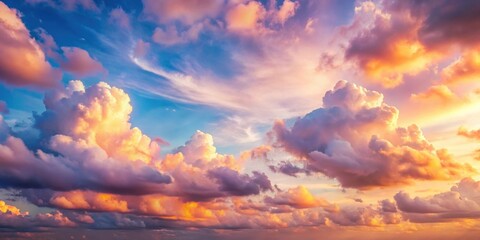 Beautiful pastel sunset sky with fluffy clouds in warm tones , sunset, sky, clouds, evening, pastel, colorful, atmosphere