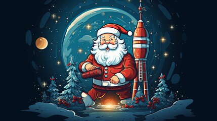 Santa Claus Space Travel with a Rocket Ship and Christmas Trees