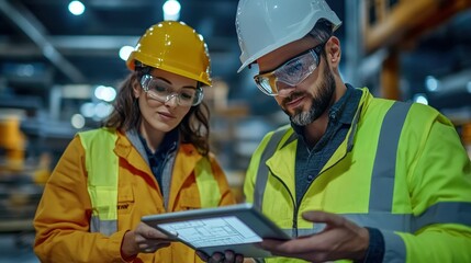 Two factory workers in hard hats and safety glasses look at a tablet computer together.