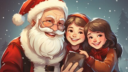 Santa Claus and Two Girls Taking a Selfie with a Phone