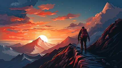 Wall Mural - A lone hiker stands on a mountain peak at sunrise, gazing at a distant snow-capped mountain range.