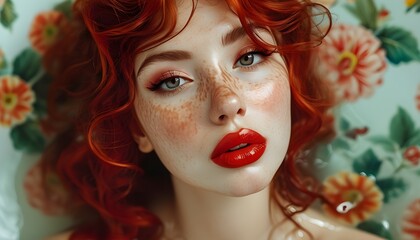 Freckled beauty with vibrant red hair and striking makeup enjoys a luxurious bubble bath, creating a mesmerizing and colorful wallpaper background