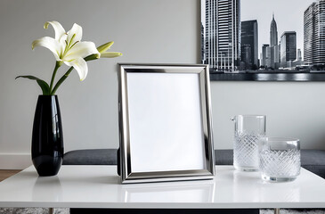 modern interior design with silver frame and white lily