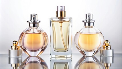 Three elegant perfume bottles on a white background, perfume, fragrance, bottles, luxury, trio, scent, aromatic, beauty