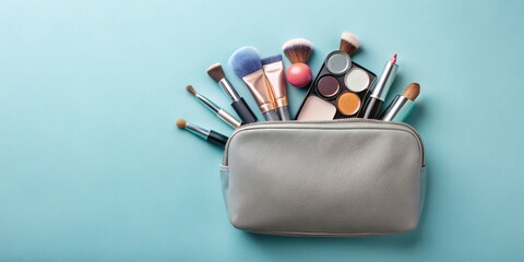 Wall Mural - Overhead view of make up products spilling out of a grey leather cosmetics bag isolated on a blue background, cosmetics