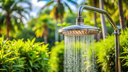 Exterior outdoor shower head in a villa garden setting, outdoor, shower, head, villa, home, building, green, garden