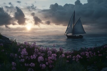 Poster - Sailboat at Sunset with Pink Flowers