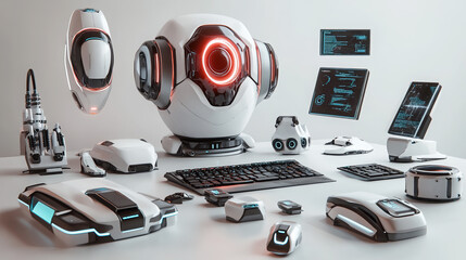 robot technology device gadgets futuristic electronics ai automation sci-fi computer keyboard monitor digital communication machinery innovation modern design 