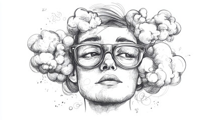 glasses sketch portrait clouds creativity young adult illustration art surrealism thinker male figure artistic expression dreamer imagination visual art 