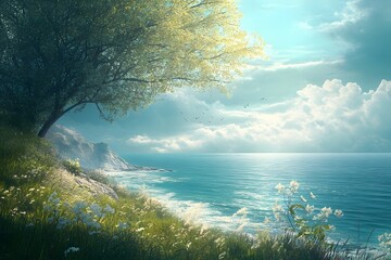 Wall Mural - Tranquil Seascape with Lush Greenery