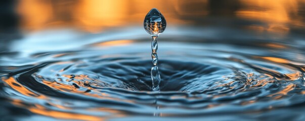 Water droplet creating ripples on a reflective surface, close-up view. Serenity and nature concept