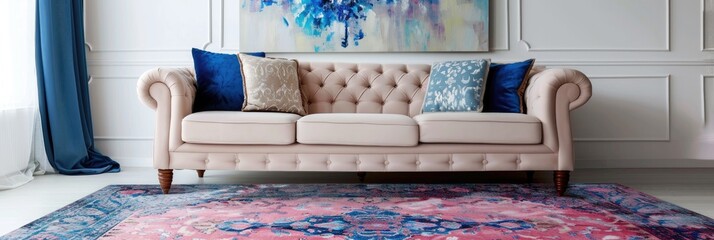 Wall Mural - Living room interior showcasing a pink and blue patterned carpet, with a sofa positioned against a white wall decorated with artwork.