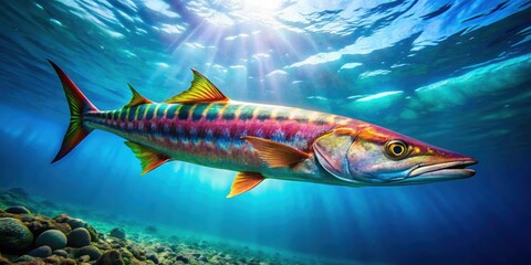 Colorful Chevron Barracuda fish swimming in clear ocean water, Chevron Barracuda, fish, underwater, ocean