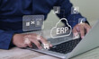 © sarach - ERP, Enterprise Resource Planning concept. Connecting data with cloud computing to access to HR management. Business resources plan to manage company enterprise resource.