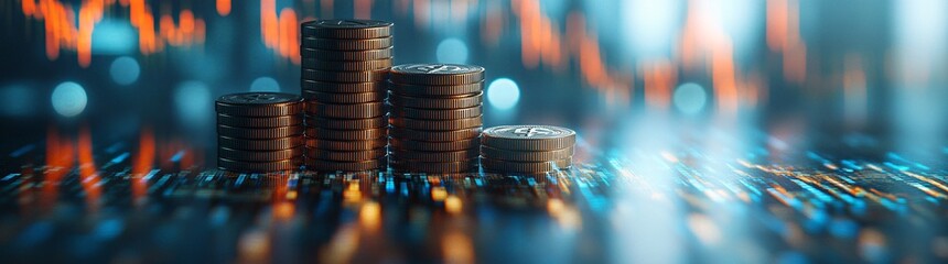 Stacks of golden coins with a background of financial charts indicating market trends and economic growth concepts.
