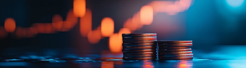 Wall Mural - Stacks of golden coins with a background of financial charts indicating market trends and economic growth concepts.
