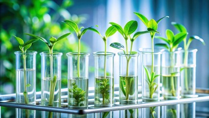 Green fresh plants growing in test tubes in a laboratory setting, science, biotechnology, research, experiment