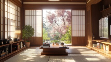 Wall Mural - Japanese interior design of modern living room, home