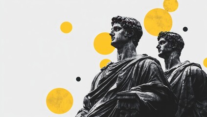 Wall Mural - Two classical statues with abstract yellow and black circles.