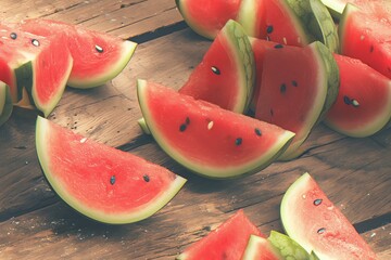 Juicy watermelon slices on a wooden table, glistening with freshness, seeds scattered, vibrant summer feel