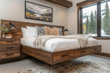 Poster - Modern Rustic Bedroom with Floating Bed and Mountain View