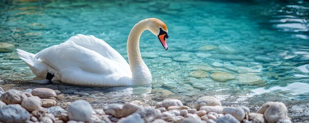 Swan swimming in crystal clear lake with pebbles, serene wildlife and nature concept