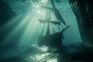 Wall Mural - Sailing the Pirate Ship Through the Fog