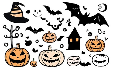 Hand-drawn Halloween elements, black bats and orange pumpkins, spooky and fun, perfect for festive designs. 
