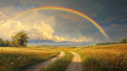 Landscape with country road and rainbow