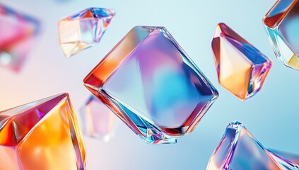 Wall Mural - Colorful, reflective geometric crystals floating in a gradient background.