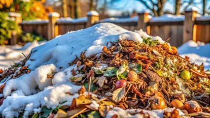 Wall Mural - Compost heap covered in snow during winter, close up, compost, heap, snow, winter, close up, frozen, decay, organic