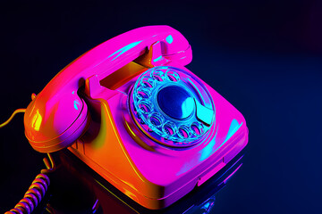 a vibrant pink rotary phone illuminated with neon colors against a dark background.