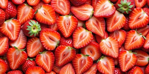 Background of freshly sliced red ripe strawberries, sliced, fresh, red, ripe, strawberries, fruit, background, healthy, vibrant