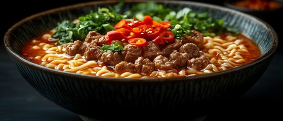 Spicy beef noodle soup in a bowl with chili peppers and greens.