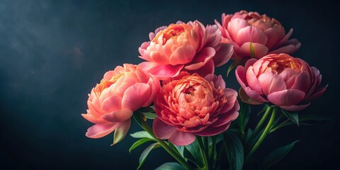 Close up of coral peonies on dark background, coral, peonies, bouquet, beautiful, close up, dark, background, flowers, floral