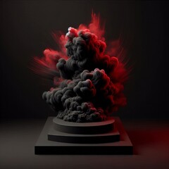 Wall Mural - black podium on red and black smoke with fiery flames and a glowing for mockup display product